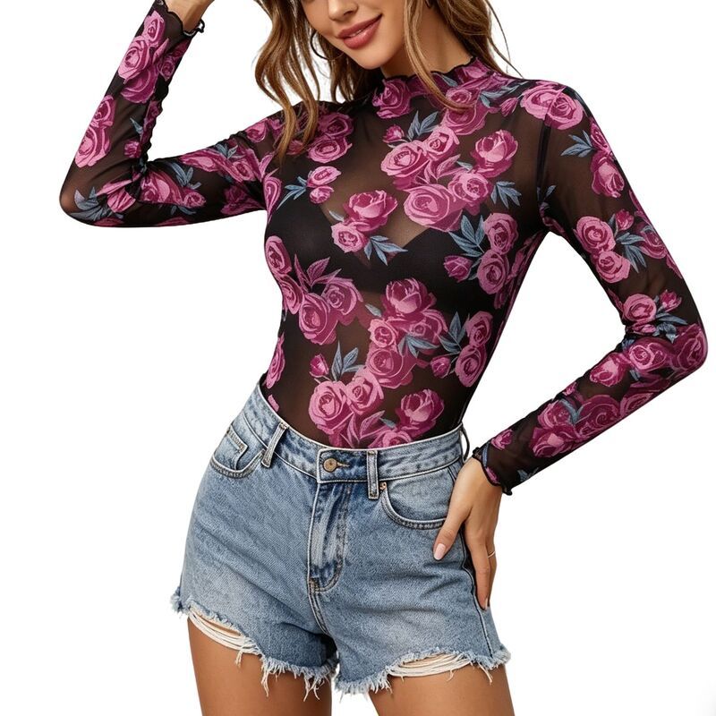 【送料無料】 クリアフラワー レディース シャツ トップス Womens Floral Print Sheer Mesh Top Long Sleeve High Neck FormFitting B