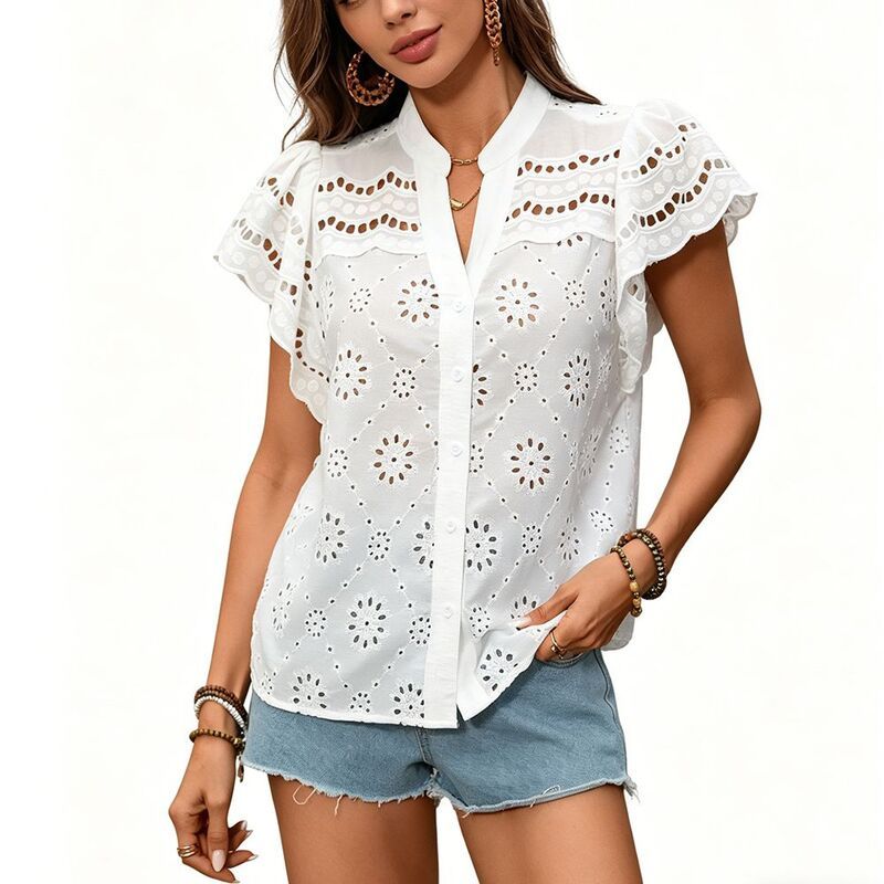 【送料無料】 クリアフラワー レディース シャツ トップス Womens Eyelet Embroidered Blouse Ruffle Sleeve ButtonDown Casual Top W 9,735円