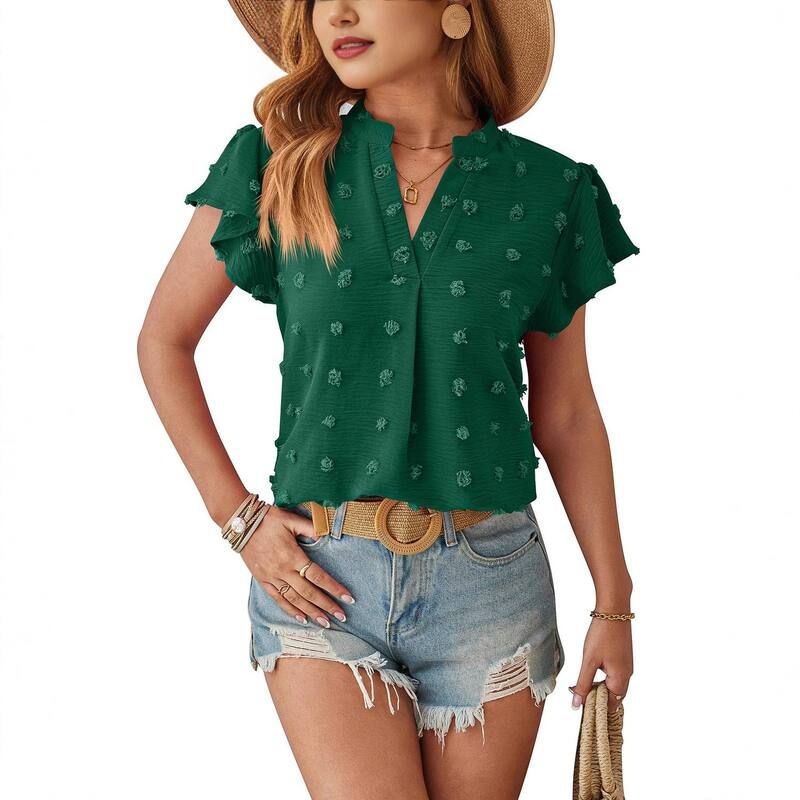 【送料無料】 ファンジュライ レディース シャツ トップス Womens V Neck Short Sleeve Chiffon Blouse Loose Fit Top Dark Green