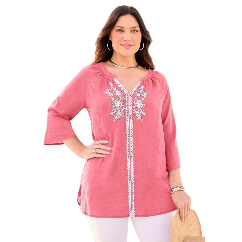 【送料無料】 キャサリンズ レディース シャツ トップス Catherines Womens Plus Size Embroidered Peasant Blouse Pink Tropic 17,610円