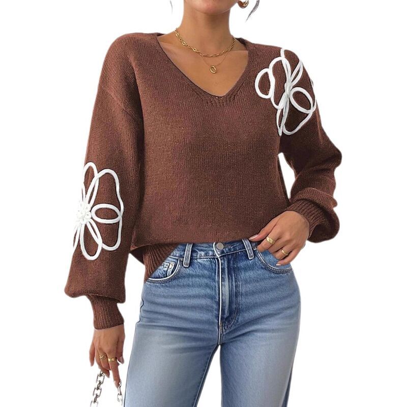 【送料無料】 コジョイン レディース ニット・セーター アウター Womens VNeck Floral Applique Knit Sweater Long Sleeve Casual Drop S