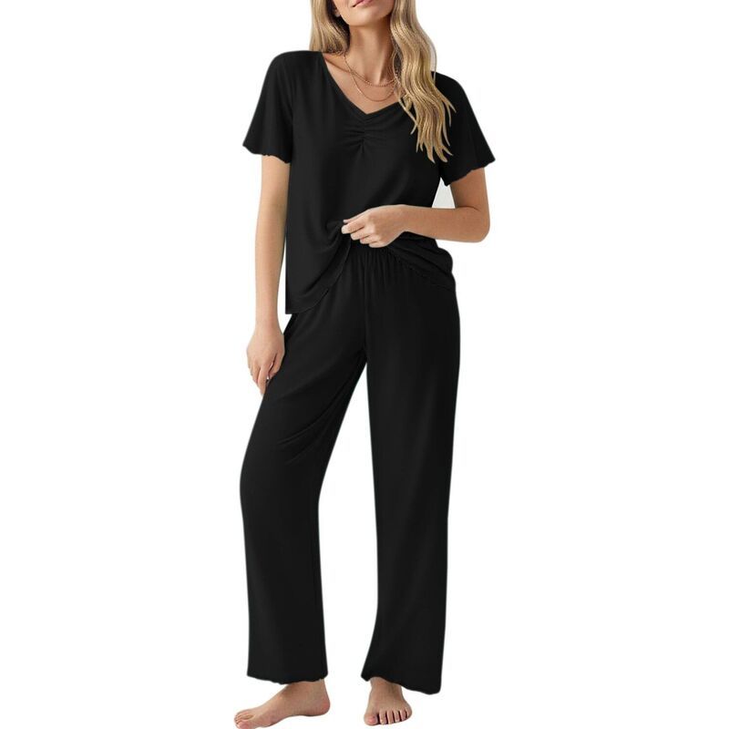 【送料無料】 エコアー レディース ナイトウェア アンダーウェア Ekouaer Womens Soft Pajama Set Short Sleeve Top and Long Pants Blac