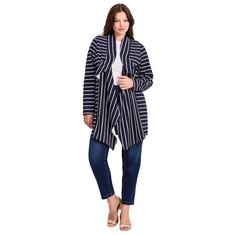 【送料無料】 アベニュー レディース ジャケット・ブルゾン アウター Avenue Womens Plus Size Striped Cascade Cardigan Navy Stripe