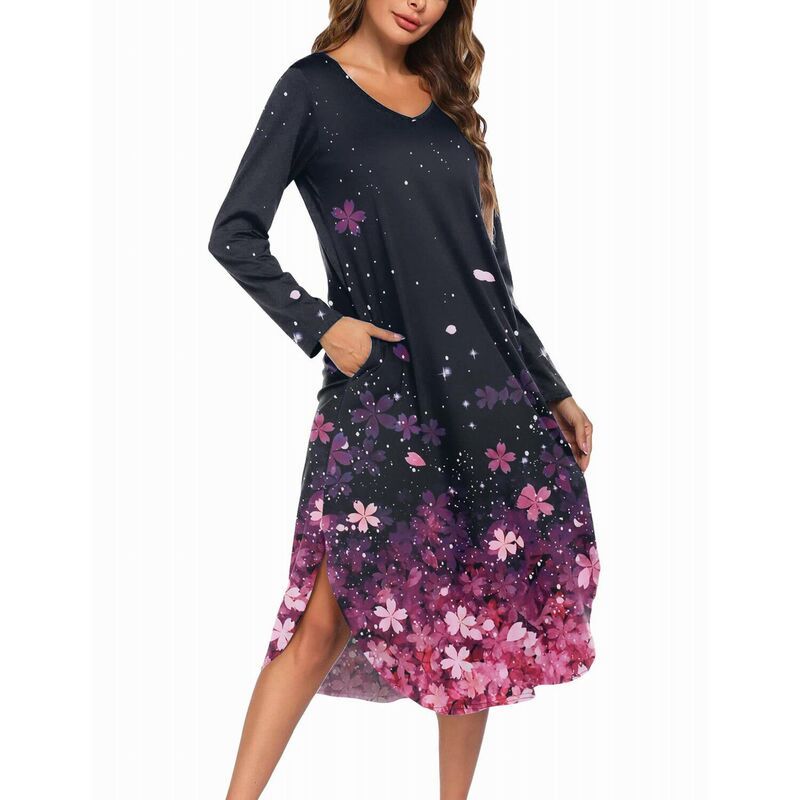 【送料無料】 エコアー レディース ナイトウェア アンダーウェア Ekouaer Womens Nightgown V Neck Nightshirts Long Sleeve Sleepwear w