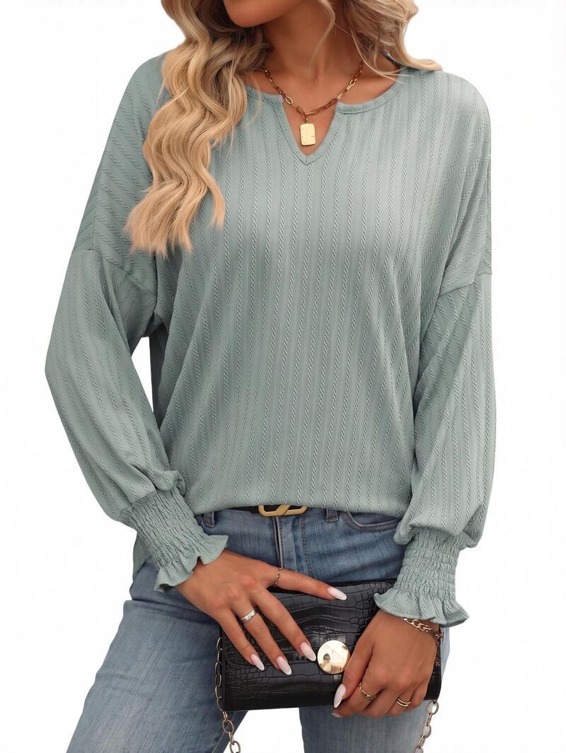 【送料無料】 ファンジュライ レディース シャツ トップス Womens Loose Fit V Neck Long Sleeve TShirt Top Bean Green