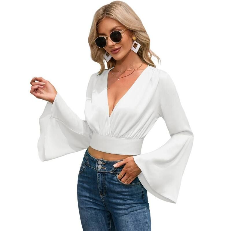 【送料無料】 ボディサイズ レディース Tシャツ トップス Womens V Neck Long Bell Sleeve Wrap Blouse Top Tee Shirts White