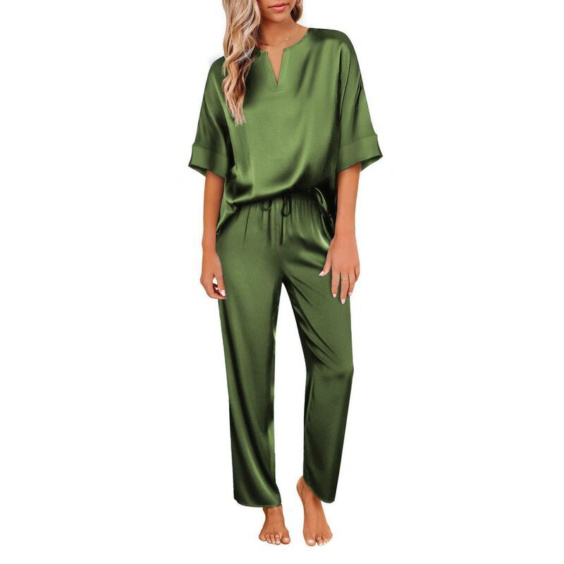 【送料無料】 エコアー レディース ナイトウェア アンダーウェア Ekouaer Satin Pajama Set Womens Silk Short Sleeve V Neck Shirt with