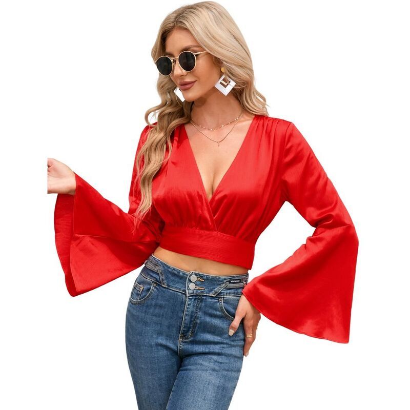 【送料無料】 ボディサイズ レディース Tシャツ トップス Womens V Neck Long Bell Sleeve Wrap Blouse Top Tee Shirts Red