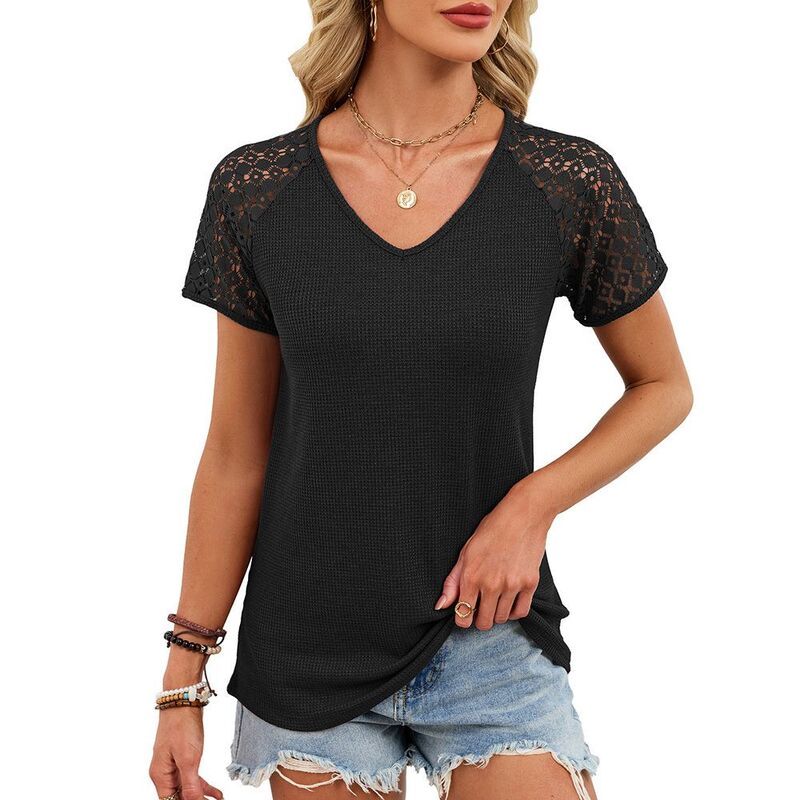 【送料無料】 ジョイジョイ レディース Tシャツ トップス Womens Summer LaceTrimmed Top Casual VNeck Textured ShortSleeve Shirt