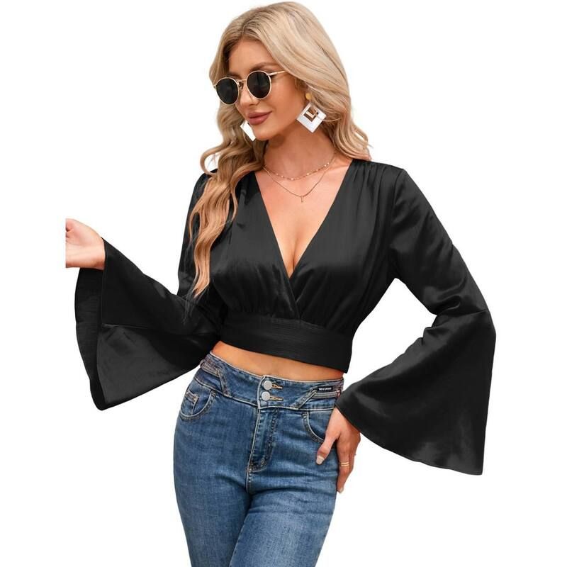 【送料無料】 ボディサイズ レディース Tシャツ トップス Womens V Neck Long Bell Sleeve Wrap Blouse Top Tee Shirts Black 10,625円