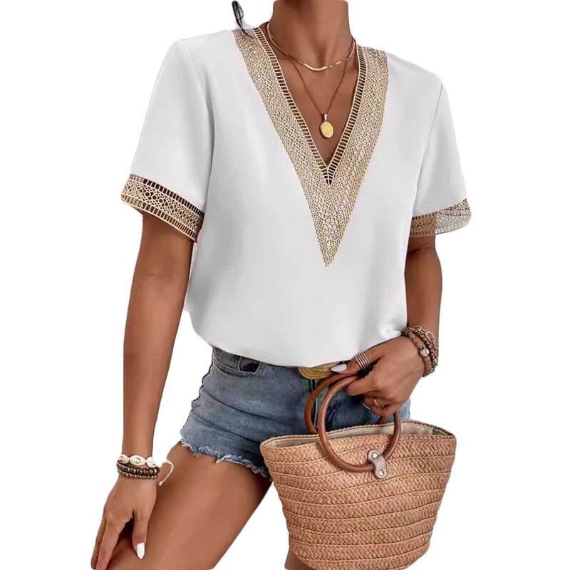【送料無料】 クリアフラワー レディース シャツ トップス Womens V Neck Lace Trim Blouse Loose Fit Short Sleeve Casual Work Blou