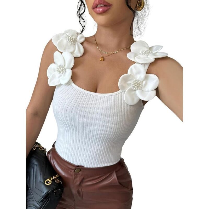 【送料無料】 ボディサイズ レディース Tシャツ トップス Womens Slim Basic Cami Tee Shirts Fashion 3D Floral Tank Top Scoop Nec