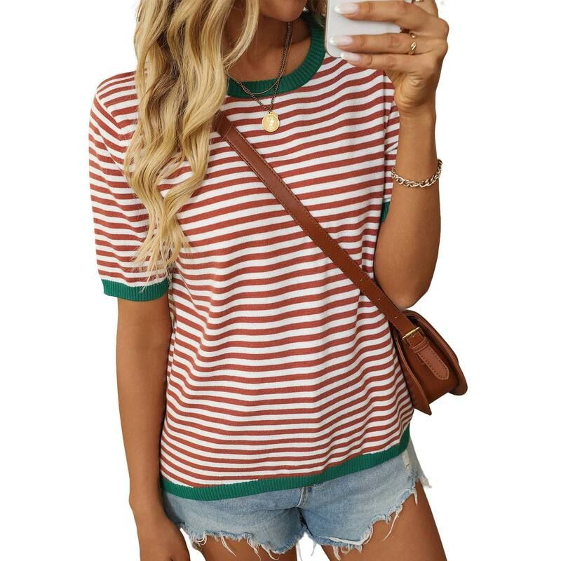 【送料無料】 エリートスピリット レディース シャツ トップス Womens Short Sleeve Striped Contrast Trim Boho Knit Sweater Top Crew