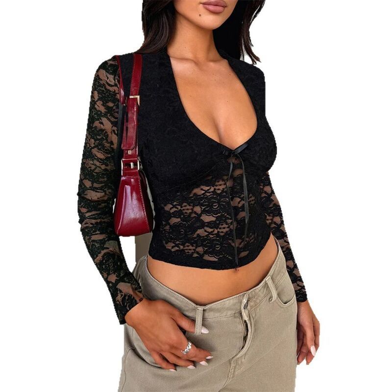 【送料無料】 ボディサイズ レディース シャツ トップス Womens Lace Long Sleeve Shirt Low Cut Slim Fit Top Bow Going Out Crop T