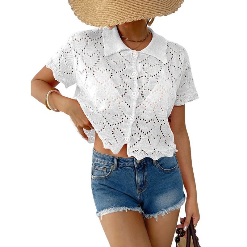 【送料無料】 ジョイジョイ レディース ニット・セーター アウター Women Summer Hollow Knit Heart Jacquard Button Down Cardigan Shirt