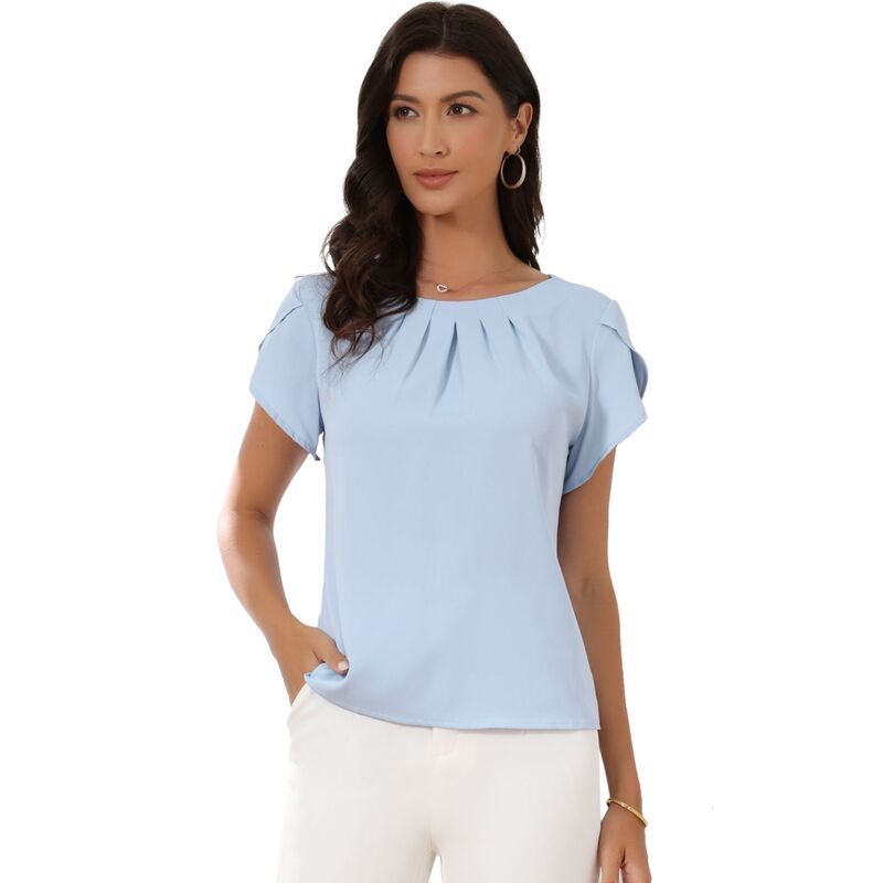 【送料無料】 インスパイア シック レディース シャツ トップス Short Sleeve Top for Womens Casual Blouses Pleated Front Round Neck