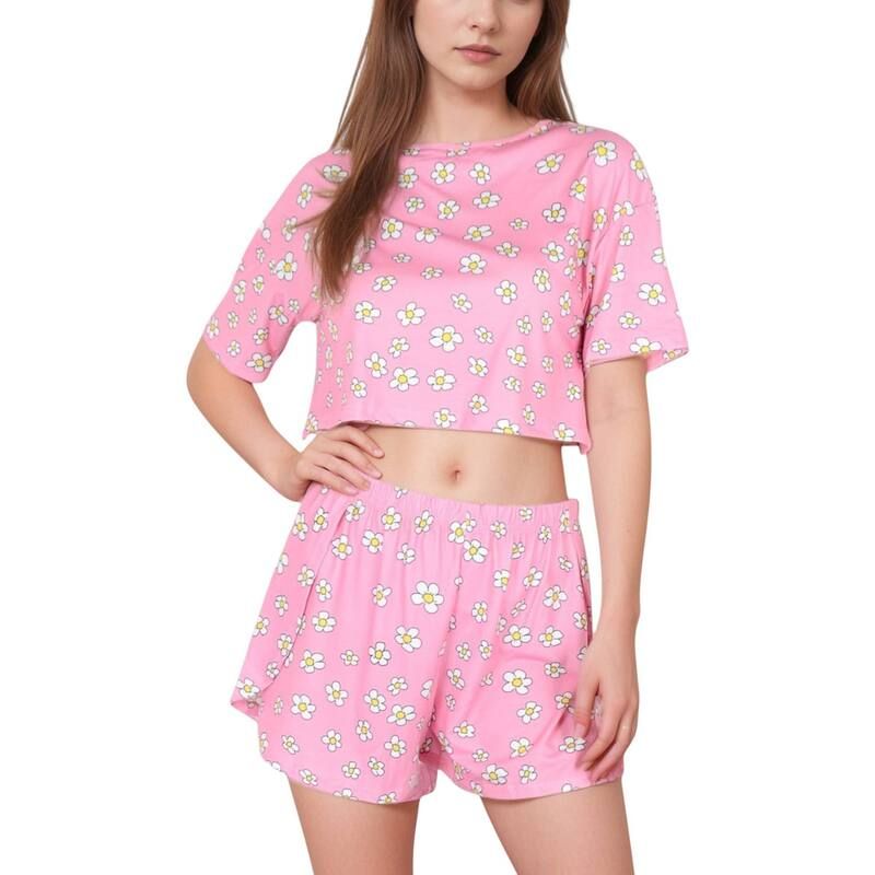 【送料無料】 アンナカシ レディース ナイトウェア アンダーウェア Womens Daisy Print Pajama Set with Cropped Top Crew Neckline and E 8,070円