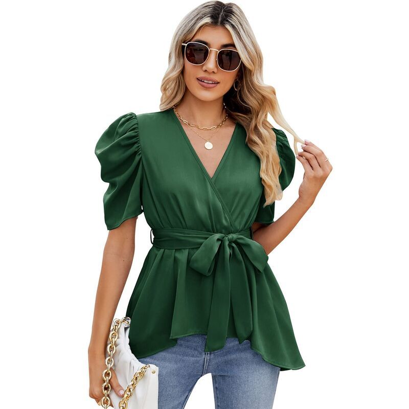 【送料無料】 セオリア レディース シャツ トップス Womens V Neck Wrap Blouse Puff Short Sleeve Tie Waist Peplum Top Casual E 8,455円