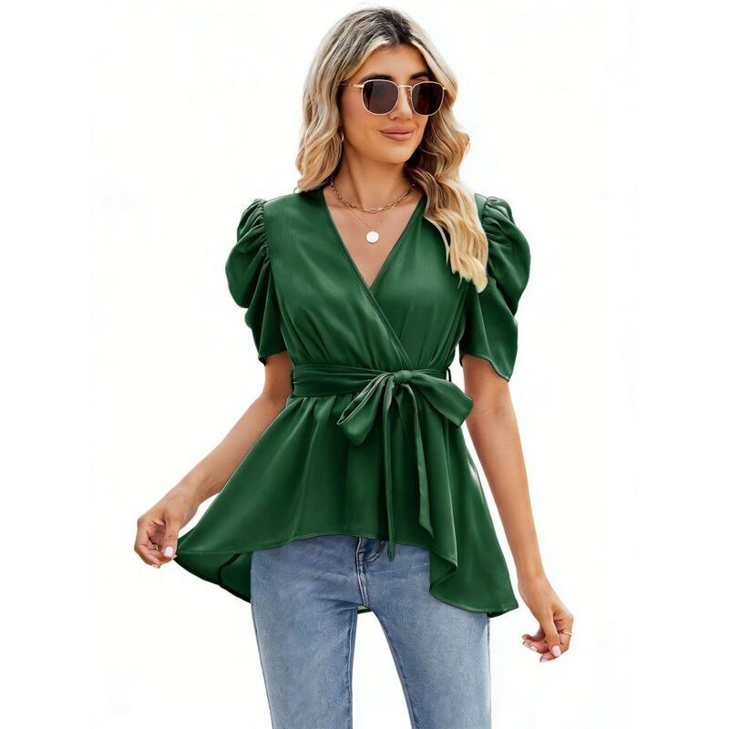 【送料無料】 エリートチョイス レディース シャツ トップス Womens V Neck Puff Short Sleeve Top Elegant Tie Waist Asymmetric Hem