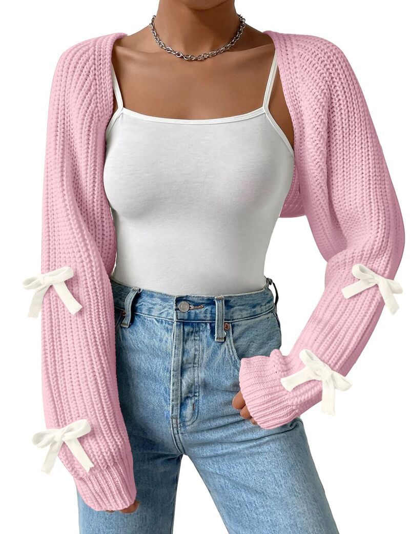 【送料無料】 ファンジュライ レディース ニット・セーター アウター Womens Long Sleeve Open Front Knitted Crop Bow Cardigan Drop Shou