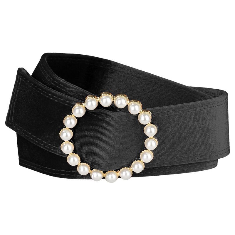 【送料無料】 インスパイア シック レディース ベルト アクセサリー Women Faux Pearl Buckle Waist Belt Vintage Velvet Wide Cinch Belt