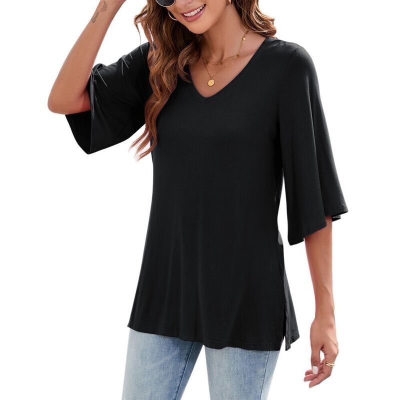 【送料無料】 エリートチョイス レディース シャツ トップス Womens Causal 34 Sleeve Blouse VNeck Soft Loose Fit Shirt Black 8,266円