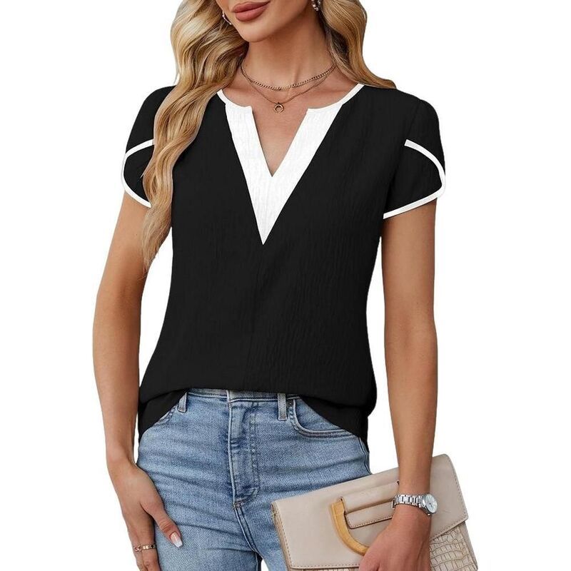 【送料無料】 エリートチョイス レディース シャツ トップス Stylish Petal Sleeve Color Block Blouse Womens Stretch Top Elegant V