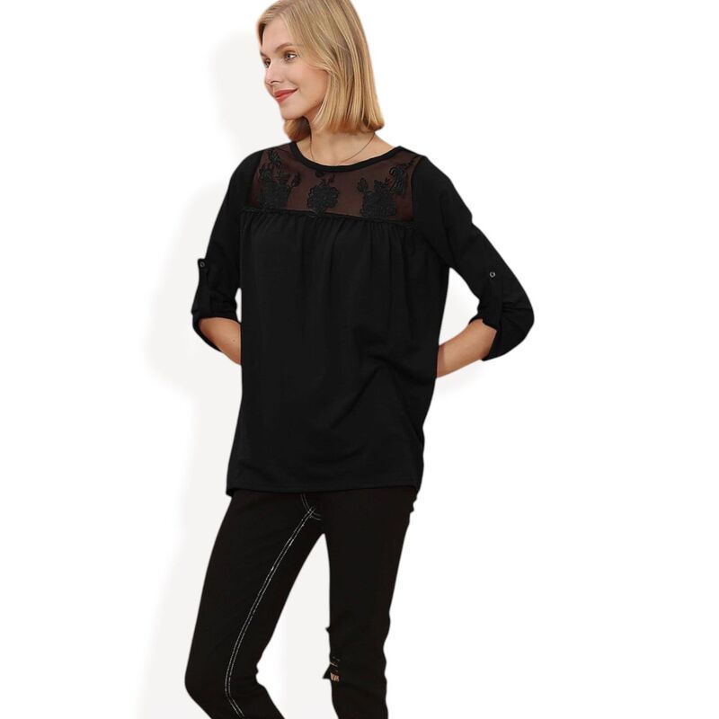 【送料無料】 アンナカシ レディース シャツ トップス Womens 34 Sleeve Loose Fit Top with Sheer Floral Lace Yoke and Button Ta