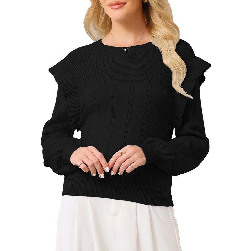 【送料無料】 インスパイア シック レディース ニット・セーター アウター Womens Ruffle Long Sleeve Casual Sweater Crew Neck Black