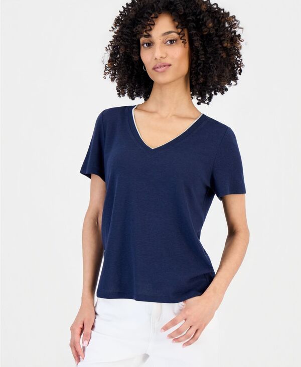 スタイルアンドコー レディース トップス シャツ Vネック 半袖 リネン Style Co Womens Linen Blend VNeck ShortSleeve Top Industrial Bl 9,225円