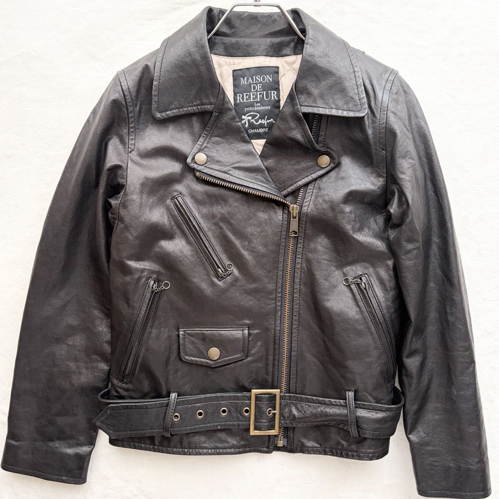 【極美品】メゾンドリーファー MAISON DE REEFUR ラムレザー ライダースジャケット ブルゾン コート 38 M ブラック 黒 羊革 本革 リアルレザー 中綿入り 防寒 キルティング 梨花プロデュース 希少 レア 秋服 冬服 アウター カジュアル