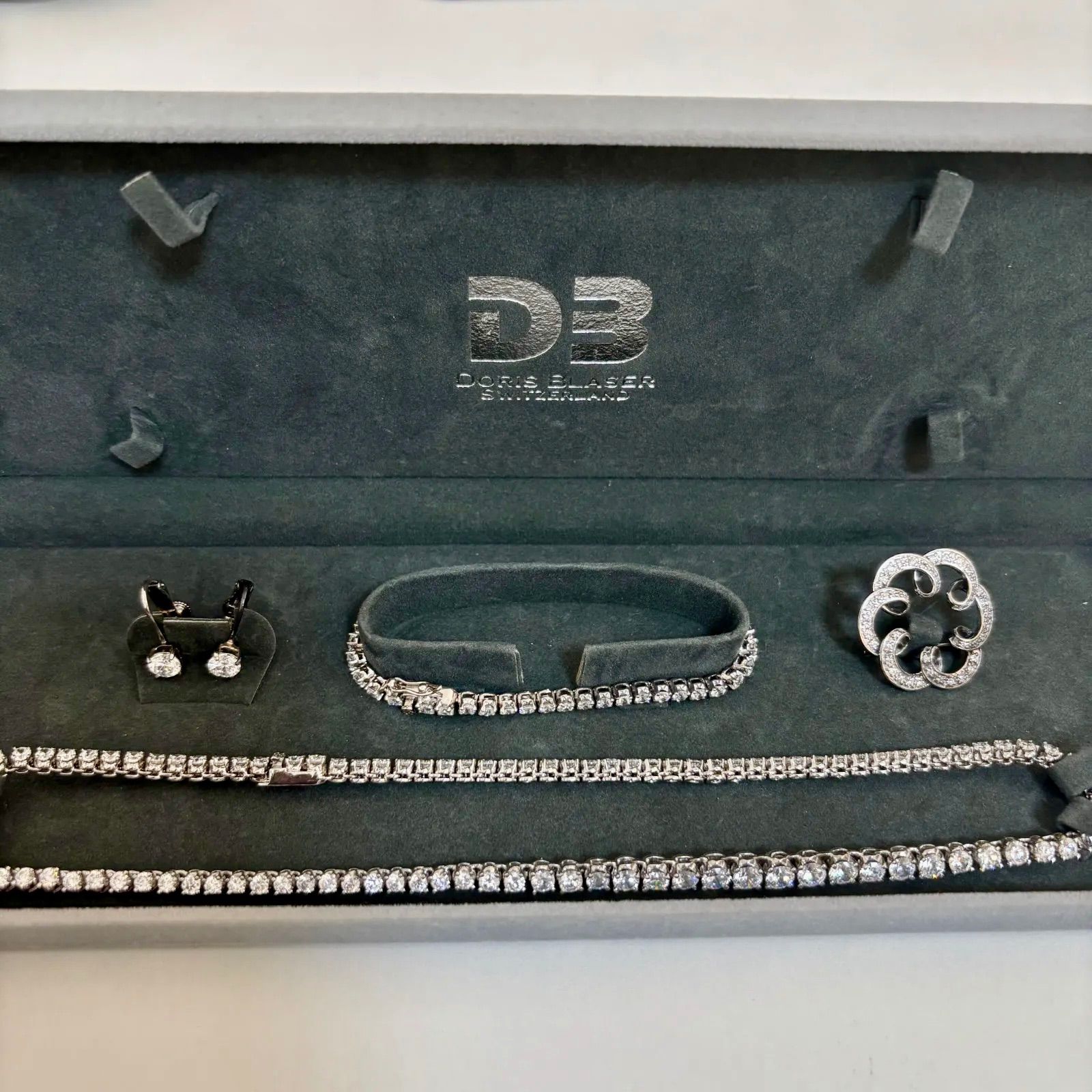 (i4021) [Made in Switzerland] DORIS BLASER 925 Silver Jewelry Set 4 Piece Earrings Breath Necklace Brooch Beautiful