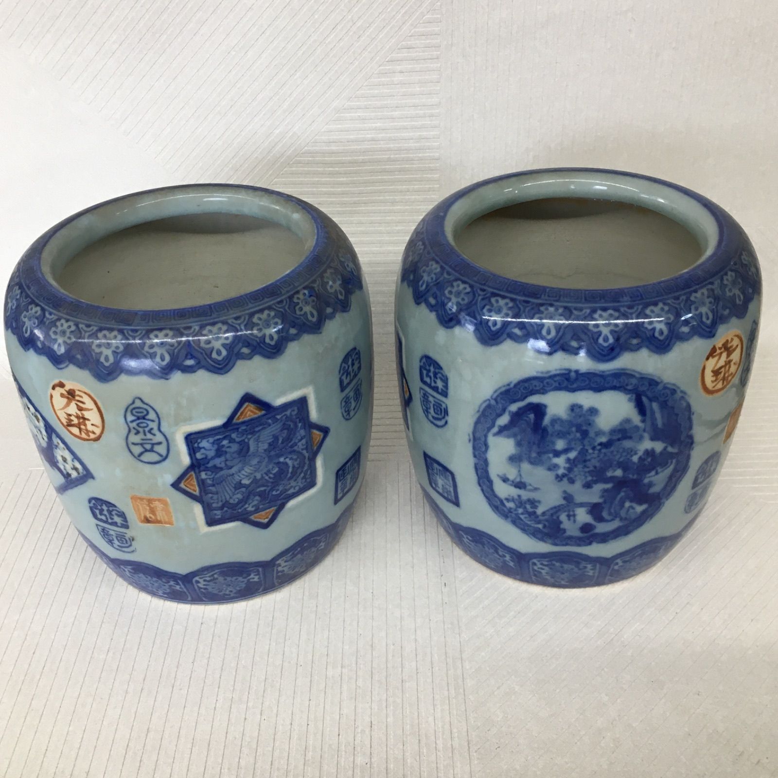 染付 山水文 火鉢 一対 2個セット 金属製火箸・へら付き 古道具 - メルカリ