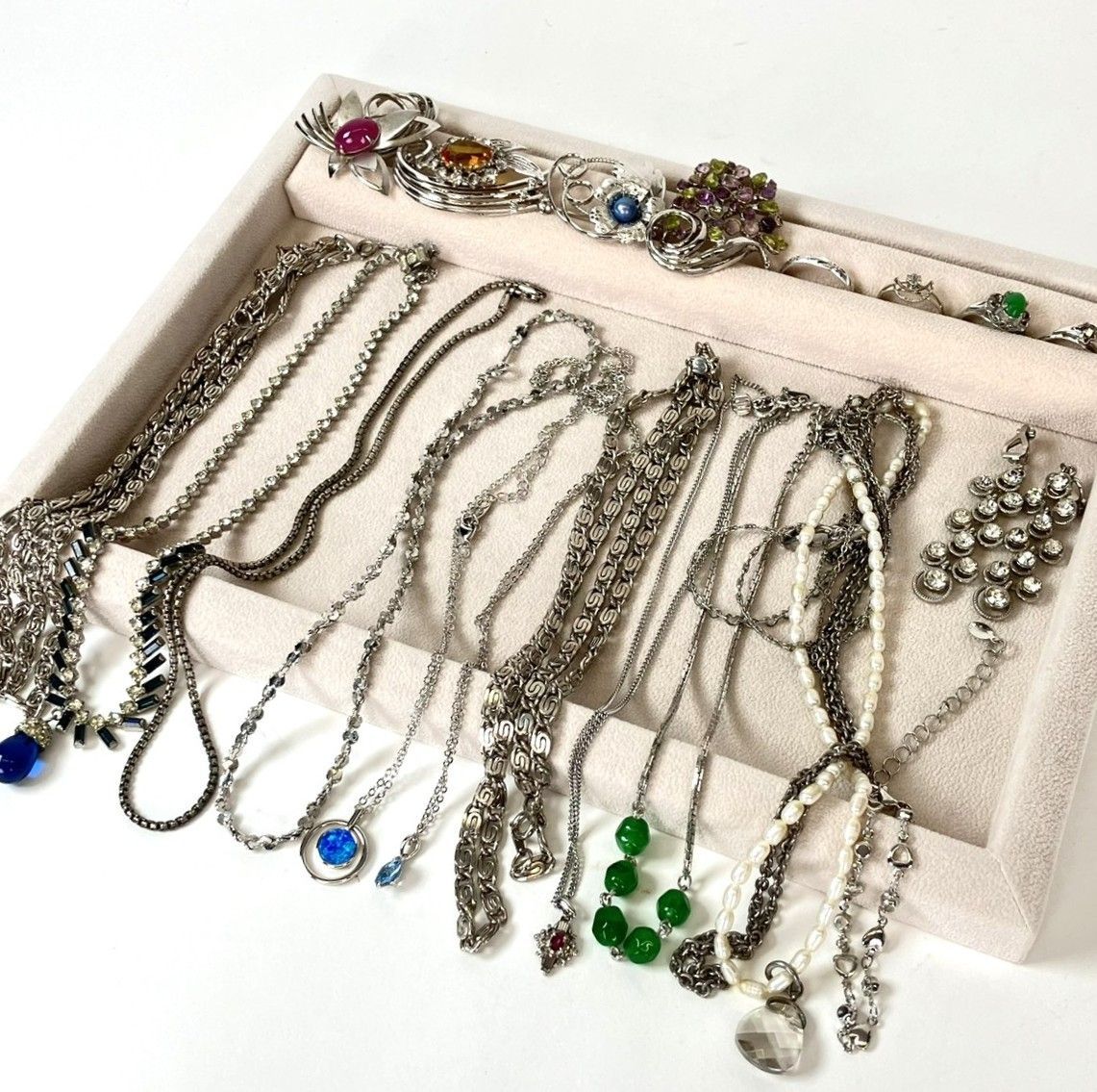 Silver Imitation Faux Pearl Silver Engraved Necklaces, Brooches, Earrings, Accessories, Vintage Jewelry, 20 Pieces, Approx. 201g, Bulk Sale Set, Assorted “0EL”