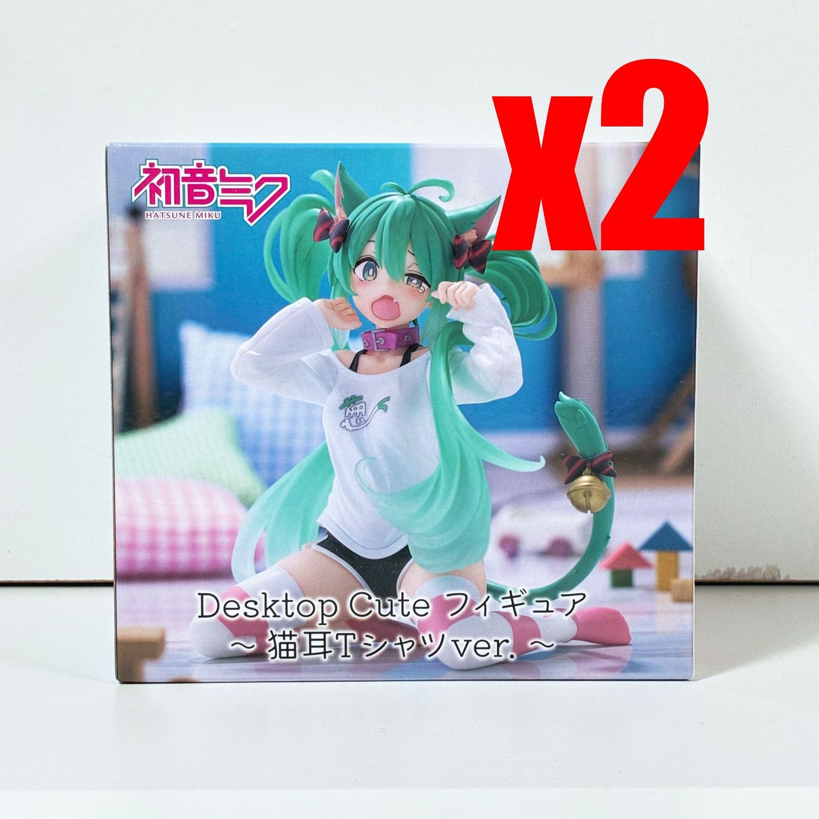 [미사용] 하츠네 미쿠 데스크탑 큐트 피규어 ~고양이 귀 티셔츠 Ver.~ 2개 세트