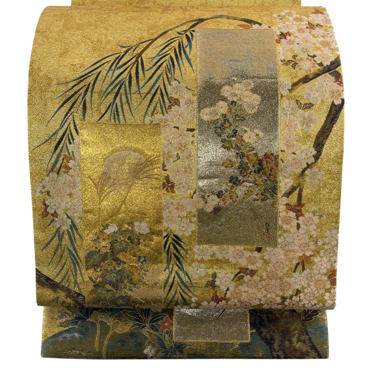 【美品】 丸帯 逸品 抱一 桜図屏風十二ヶ月花鳥図 箔 金色 お太鼓柄 正絹 【中古】