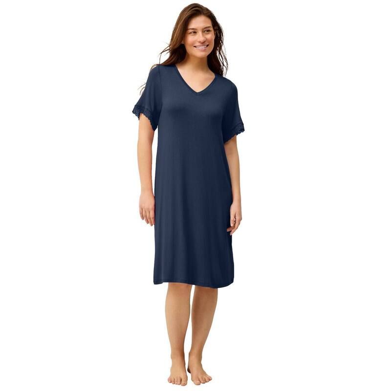 Ellos レディース アンダーウェア ナイトウェア Vネック レーストリム プラスサイズ シャツ レース ニット Ellos Plusize Stretch Knit VNeck Short Sle