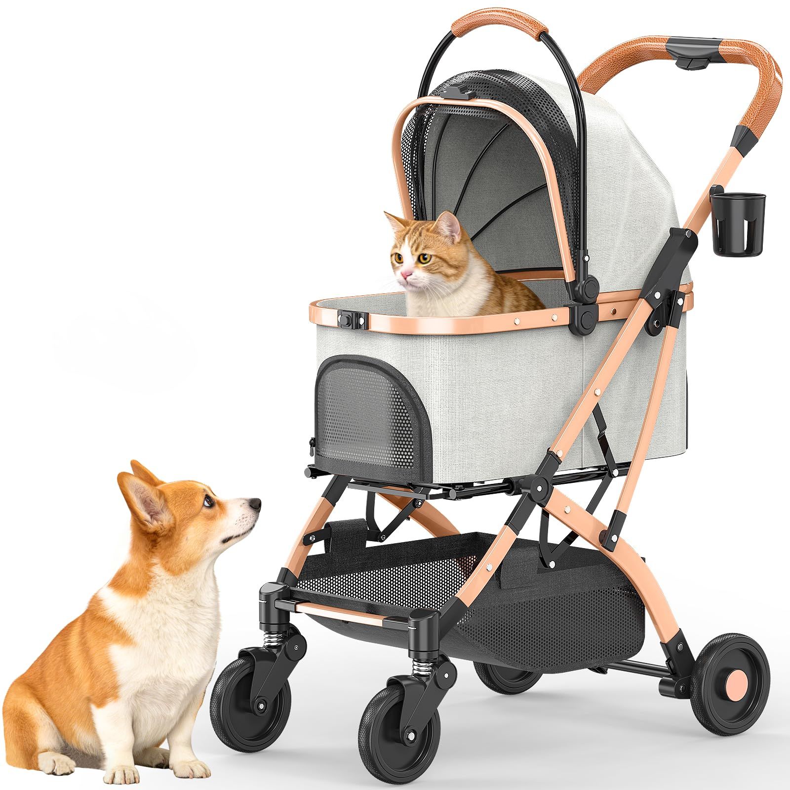 Healfith ペットカート 中型犬 小型犬 猫 アルミ合金 軽量 折りたたみ式 ドッグバギー 衝撃吸収ユニバーサルホイール 後輪片足ブレーキ カップホルダー付属 カーキ
