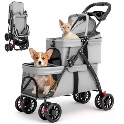 MODONG ペットカート 2段式 犬 カート ペットかーと折たたみ可能 小型犬 前輪360°回転 後輪ブレーキ付 組み立て簡単 耐荷重20KG 猫 小型犬多頭 通院 散歩 介護用【グレー】 11,762円
