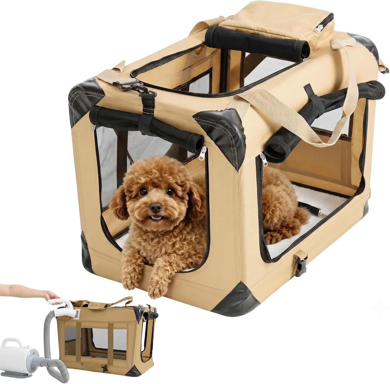 【新技術素材採用 引っ掻きに強い耐摩耗】 MILA&LOUISソフトクレート 犬用キャリーバッグ 中型犬・小型犬2匹・猫多頭対応 折りたたみ 車【カーキ 70L x 52W x 52H cm】 6,575円