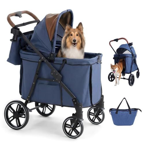 【低床型・マザーズバッグ付き】MILA&LOUISペットカート、大型犬・中型犬・多頭飼い対応、ワンタッチ折りたたみ、省スペース収納、コンパクト、前後開閉で乗り降りラクラク、前輪360°【デニムブルー】 17,970円