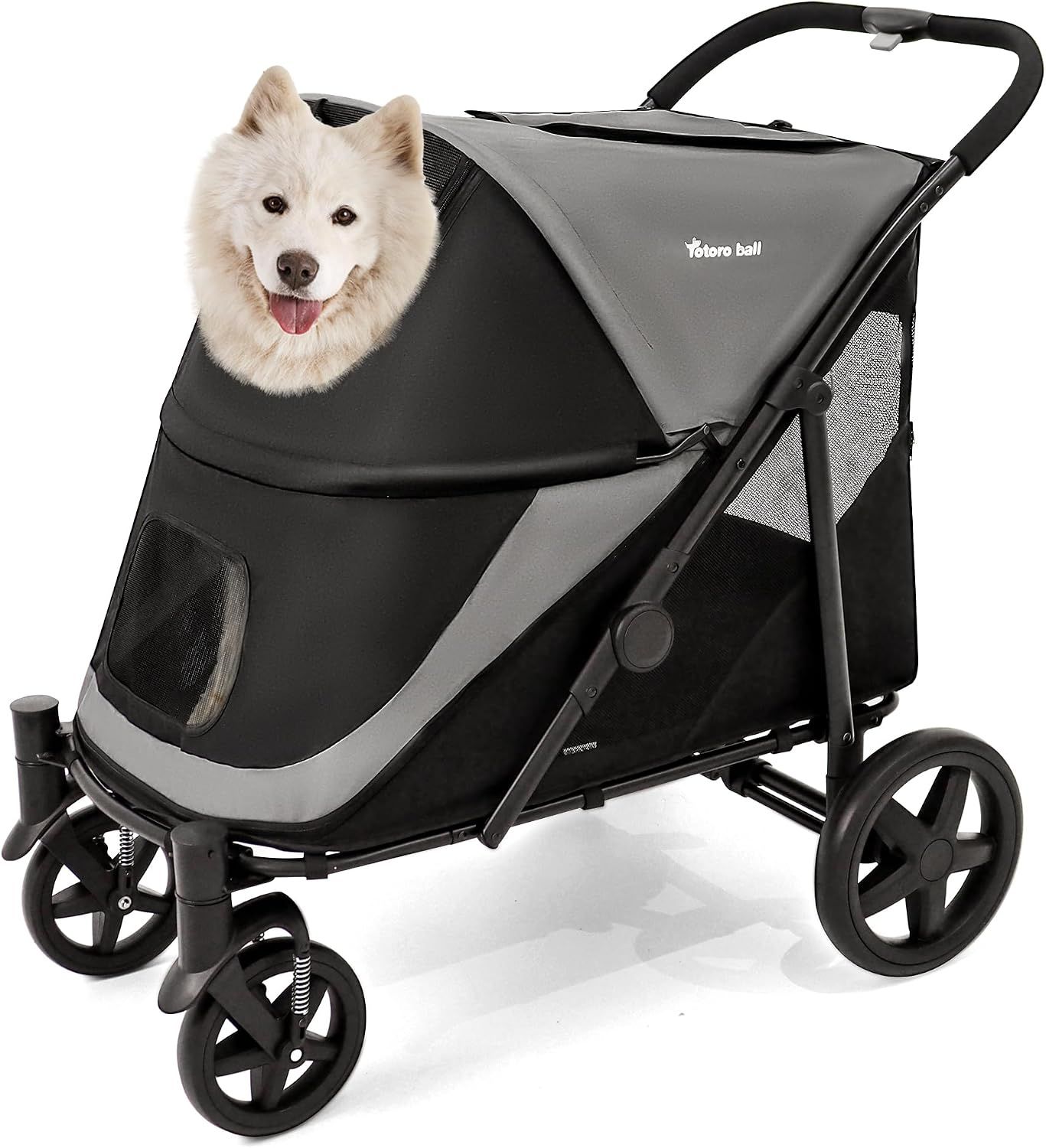 Totoro ball ペットカート大型犬 用カート 犬 バギー 多頭 大型犬 ペットバギー 4輪 ワンタッチ折りたたみ式 軽量コンパクト 組み立て簡単 外出便利 大型【グレー+ブラック オープン式】
