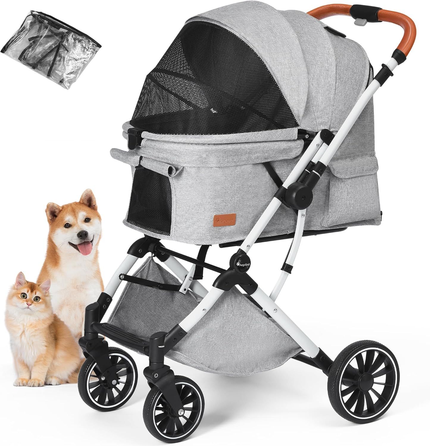 Angelpet ペットカート 一体型コンパクト折りたたみ 対面両用式 犬猫用バギー 多頭対応 大容量 自立式 4輪 前輪360°回転 前後輪ブレーキ付き 飛び出し防止 組み立て簡単 軽量【グレー】