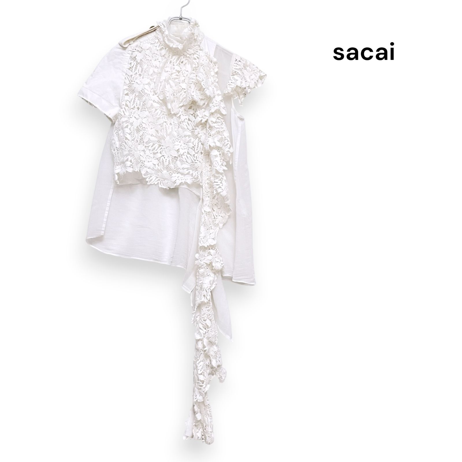【極美品】サカイ レース＆サテン 切り替えブラウス ホワイト　アシンメトリー SACAI MOST WANTED HEAVY LACE ASYMMETRIC BLOUSE SHIRT サカイ 刺繍