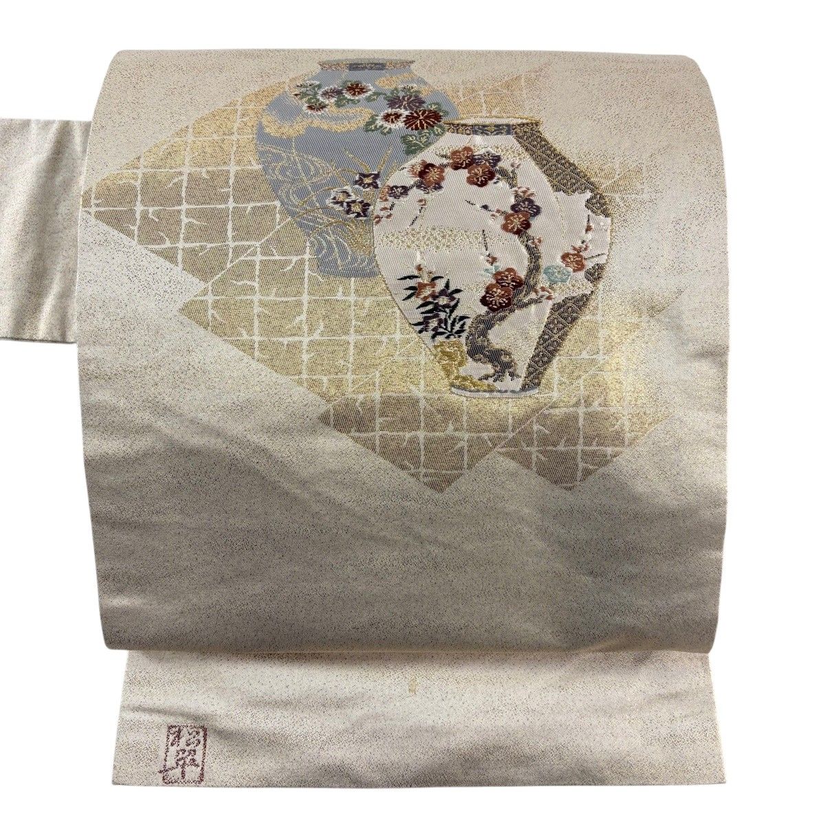 在庫一掃】 名古屋帯 優品 落款 器物 枝梅 金糸 箔 ベージュ 正絹 