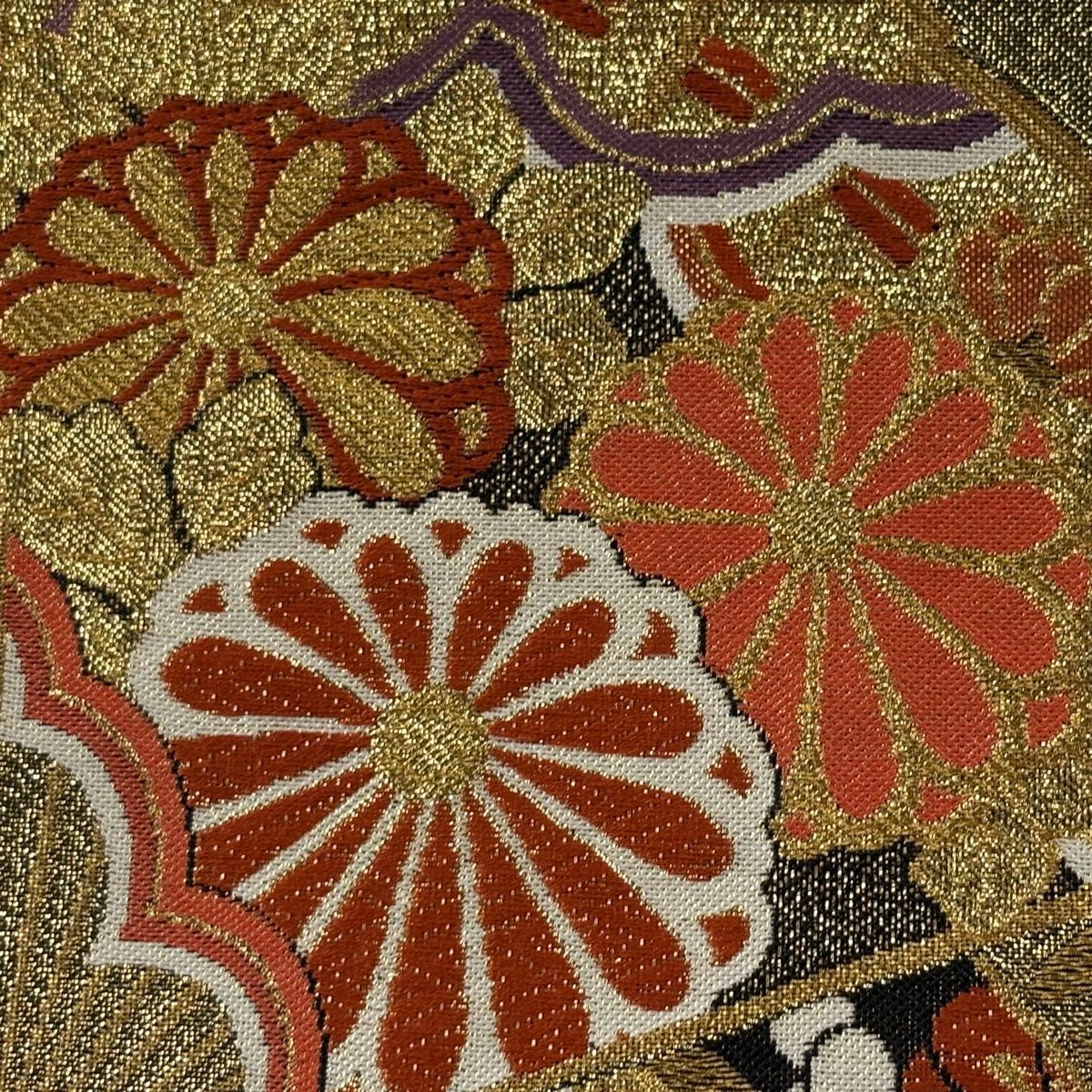 在庫一掃】 袋帯 秀品 振袖向き 桧扇 花鳥 金糸 箔 金色 六通 正絹
