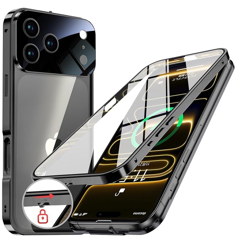 【新品】 NIANGUO【ロック機能付き・自動ポップアップボタン】iPhone17 Pro 用 ケース 両面強化ガラス 一体型レンズ保護 (ブラック)
