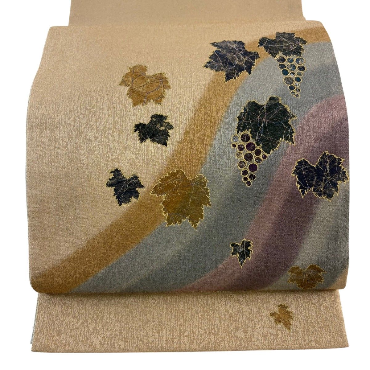 在庫一掃】 袋帯 秀品 葡萄 金彩 金糸 薄茶色 お太鼓柄 正絹 【中古 