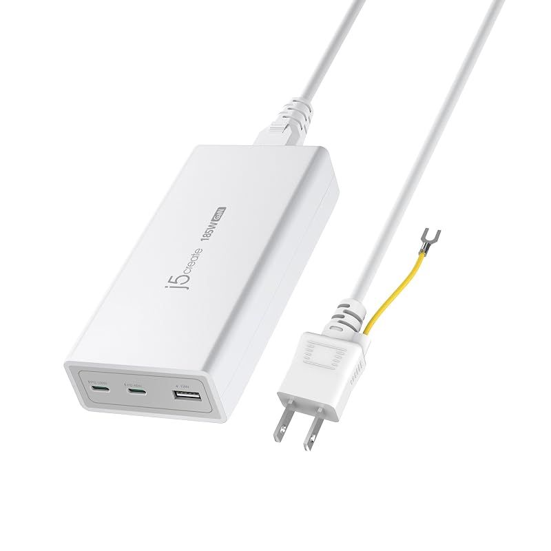 【新品】 j5create USB-C 急速充電器 3ポート搭載 合計最大185W出力 PD3.1対応 GaN採用 高効率充電器 3台 同時充電 Type-C 140W×1 45W x1 USB-A×1 搭載 ケーブル1.2m MacBook iPadPr 1