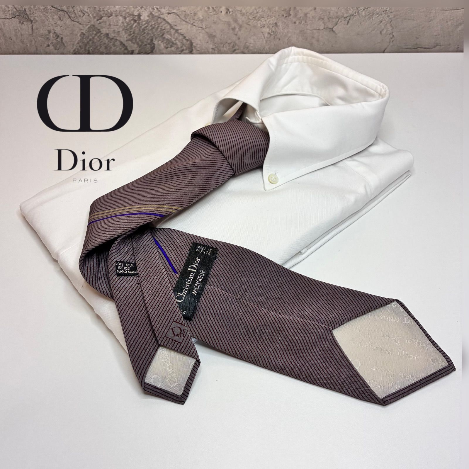 Christian Dior ネクタイ モカグレー ストライプ 絹100 - メルカリ